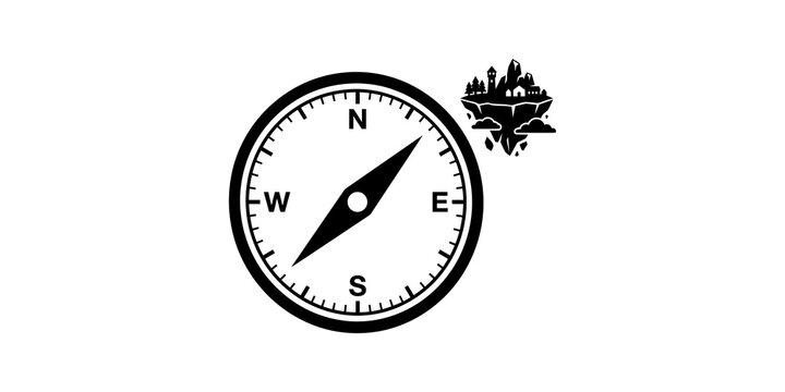 Navigational compass icon with floating fantasy island on solid background.