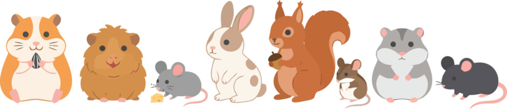 A collection of cute cartoon rodents and small mammals including hamsters a rabbit a squirrel and mice.
