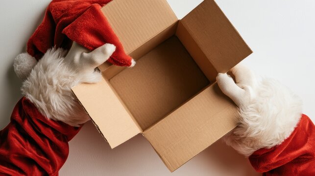 Santa Claus opening the box with your order received,receiving delivery box with gifts, producing wrap from package,unpacking,unboxing,Merry Christmas,Shipping,courier service on Xmas,Holiday season.