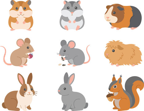 A collection of cute cartoon rodents and small mammals including hamsters mice rabbits and a squirrel.