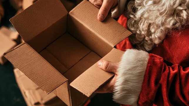 Santa Claus opening the box with your order received,receiving delivery box with gifts, producing wrap from package,unpacking,unboxing,Merry Christmas,Shipping,courier service on Xmas,Holiday season.