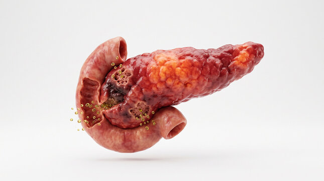 Detailed medical illustration showing human pancreas anatomy with disease inflammation and digestive enzyme secretions