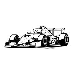 Obraz premium Formula 1 Race Car: A sleek, aerodynamic Formula 1 racing car, depicted in a bold black and white illustration, poised for speed on the track. Number 27 emblazoned on its side.