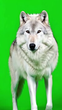 Majestic arctic wolf with thick white fur walking slowly and looking directly at camera on chroma key green screen background