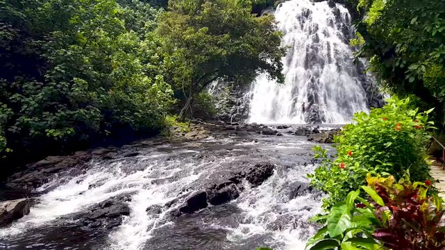 Scenic pan Kepirohi Waterfall on tropical island of Pohnpei in Federated States of Micronesia
