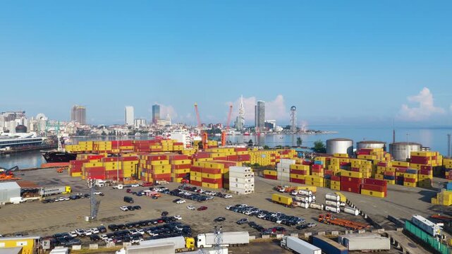 Batumi International Container Terminal With Intermodal Cargo Along The Black Sea Coast In Batumi, Georgia. Aerial Drone Shot
