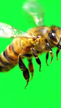 Macro shot of a fuzzy honey bee hovering in place with rapid wing motion against a bright chroma key green screen background