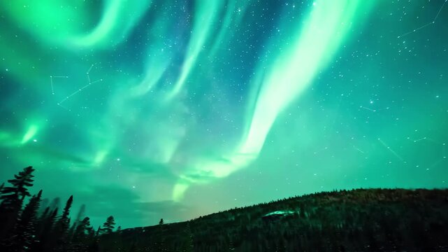 Vibrant green Aurora Borealis dancing across a starry night sky with shimmering celestial constellations above a dark silhouette horizon