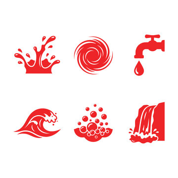 Water icons set with wave splash and faucet