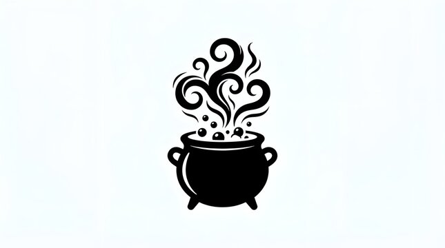 Magical cauldron silhouette featuring swirling smoke plumes and boiling bubbles inside black ceramic vessel isolated against clean white background graphic element