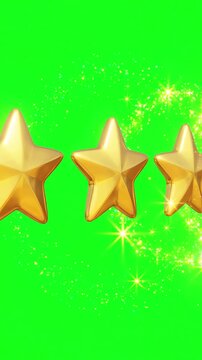 Animated golden five star rating icons appearing sequentially with sparkling glow on a bright green screen background for chroma key compositing