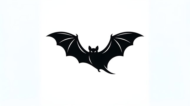 Flying bat vector silhouette with detailed wings spread wide creating minimalist spooky Halloween graphic art design isolated on white background digital illustration