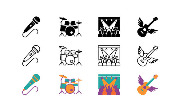 Rock music solid icon set. Includes microphone, drum kit, concert stage, and guitar. Vector icons for music festival, band performance, and audio entertainment.