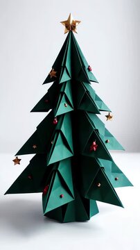 Minimalist dark green origami paper Christmas tree standing on a clean white background with subtle shadows and elegant rotating motion