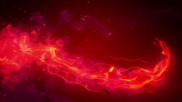 Abstract red background with glowing fire lines and swirling smoke trails moving across the frame in a cinematic dark atmosphere