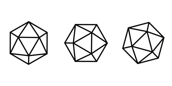 D20 Dice Icon Set with Numbered Faces in Outline and Solid Styles, Twenty-Sided Icosahedron 
Game Vector