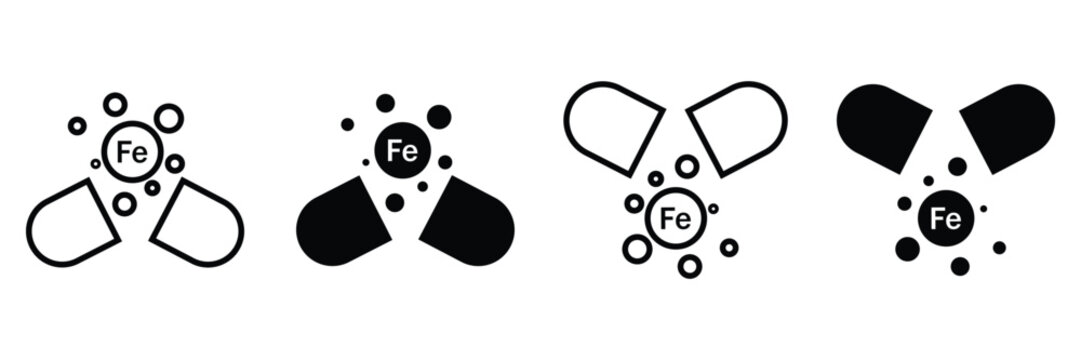 Iron Supplement Capsule Icon Set in Outline and Solid Styles for Healthcare, Nutrition and Mineral
 Concept Vector