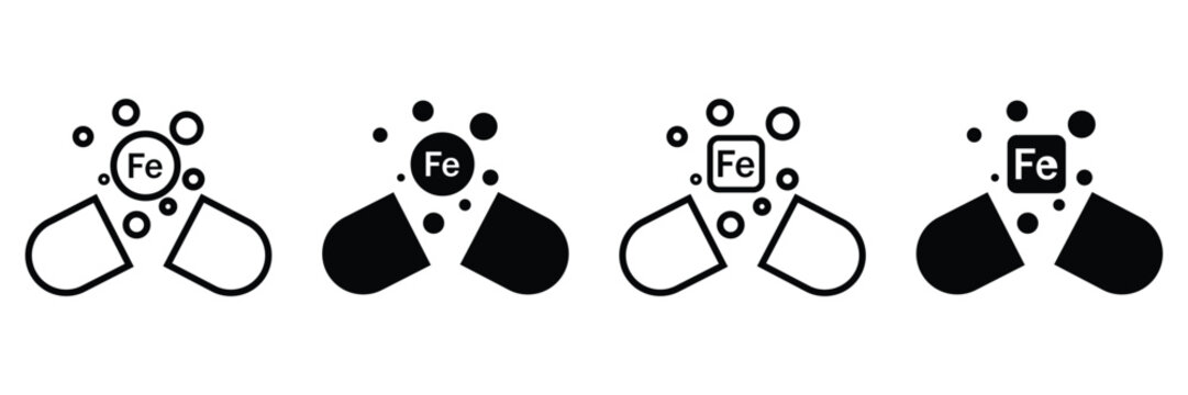 Iron Supplement Capsule Icon Set in Outline and Solid Styles for Healthcare, Nutrition and Mineral
 Concept Vector