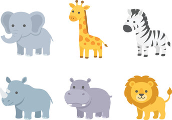 Obraz premium A collection of cute cartoon safari animals including an elephant giraffe zebra rhino hippo and lion.