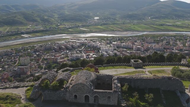 Historic Berat Castle Overlooking Town And Osum River In Berat, Albania. Aerial Rotating Shot