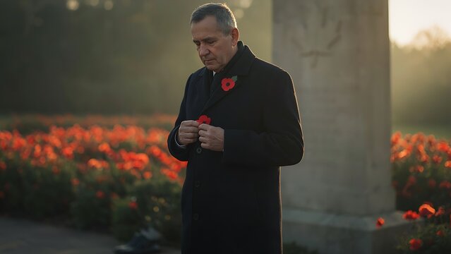 A close portrait of a thoughtful senior man holding a red poppy against his chest near a war memorial, created with generative ai.   