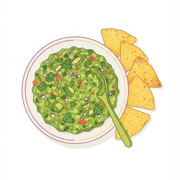 Party snack menu graphic of a green dip bowl with triangle chips