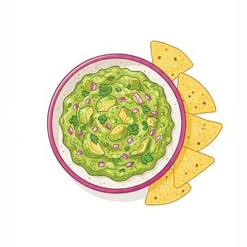 Creamy mashed avocado dip and crisp corn chips in fresh flat matte colors