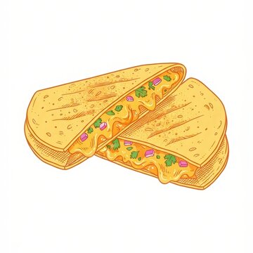 Folded quesadilla cut in half showing melted cheese, three-quarter semi-detailed vector art