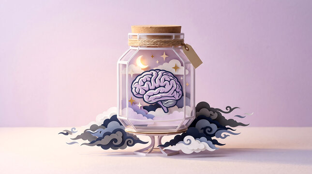 Brain inside glass jar, papercraft model with stars and clouds featuring memory, thoughts