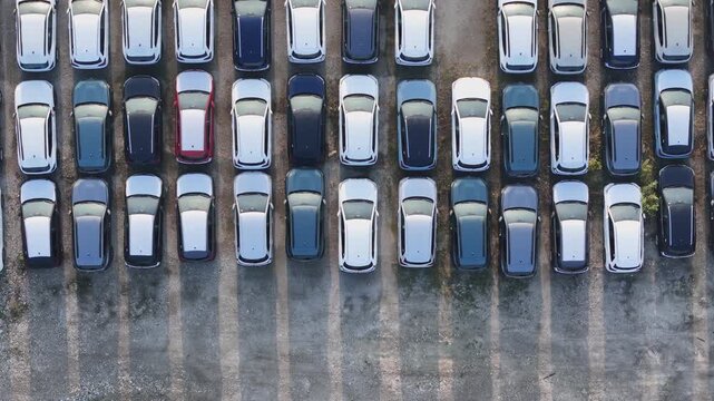 New cars arranged in precise rows across a vehicle storage yard, illustrating automotive inventory, industrial commerce, distribution and logistics, with access lanes between parking blocks, aerial