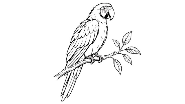 Macaw parrot line art illustration perched on a branch on white background