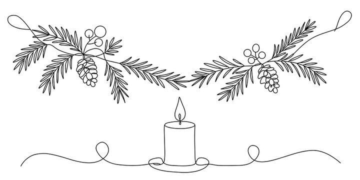 Christmas holiday garland with burning candle minimalist line art illustration