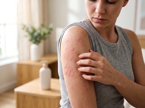Young woman scratching itchy allergic rash and severe urticaria hives on arm
