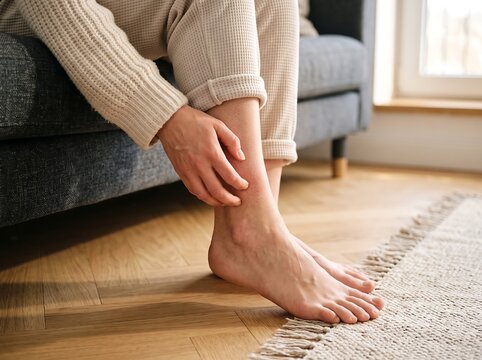 Person sitting on sofa scratching itchy red rash on ankle and lower leg