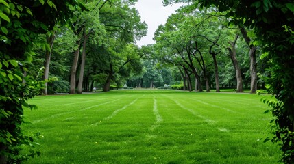 Obraz premium Lush Green Lawn Framed by Trees in a Tranquil Park Setting with a Calm Atmosphere and Clear Sky Above