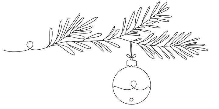 Minimalist One Line Drawing of Christmas Tree Branch with Hanging Bauble Ornament on White Background