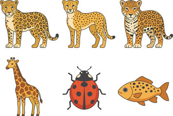 Obraz premium A collection of colorful hand drawn cartoon animals including leopards a giraffe ladybug and fish.