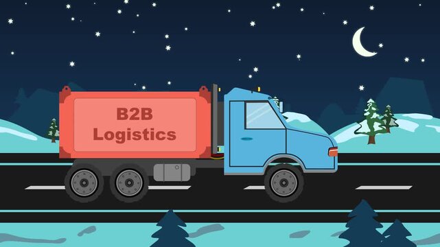 Flat vector B2B logistics delivery truck animation, nighttime freight transport truck, supply chain logistics background motion graphic