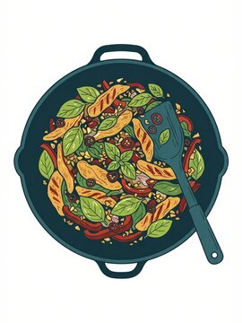Quick lunch menu artwork of a spicy stir-fry heaped in a shallow dish