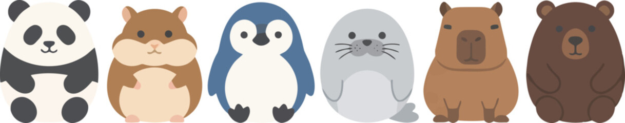 Obraz premium A collection of cute cartoon animals including a panda hamster penguin seal capybara and bear.