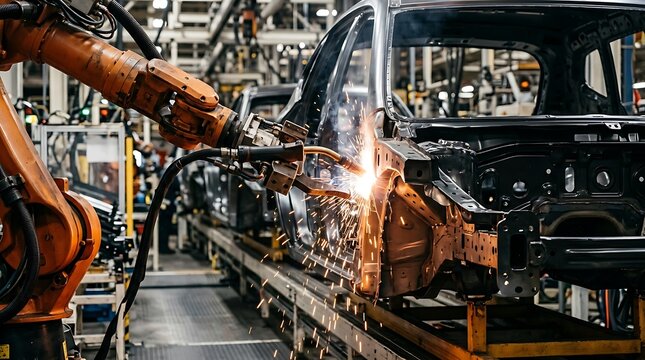 Close-up of a robotic arm gripper carrying out precision welding on an automotive chassis along a modern vehicle manufac
