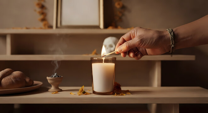 Person lighting a candle on a Day of the Dead altar, traditional Mexican ofrenda with copal incense and skull