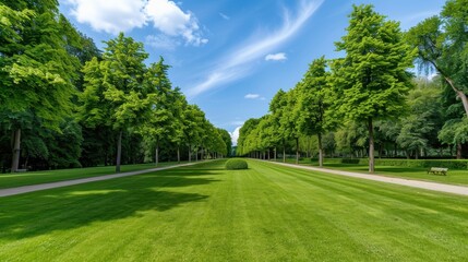 Fototapeta premium Lush Green Park Pathway Surrounded by Tall Trees and Clear Blue Sky under Sunlight on a Pleasant Day