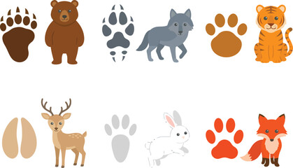 Fototapeta premium Collection of various wild animal characters paired with their unique footprints.