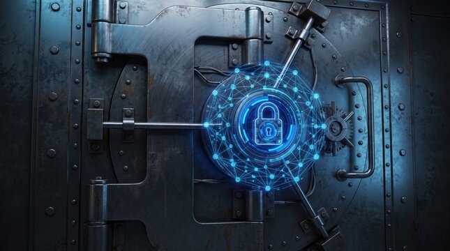 Steel bank vault door with glowing digital blockchain security lock