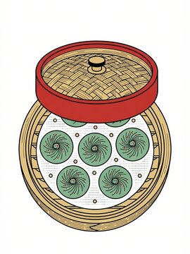 Weekend brunch tradition, a steamer basket rendered in refined stylized vector style