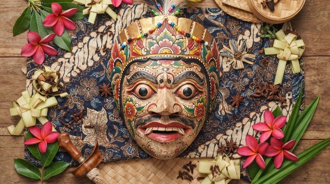 Traditional Betawi Mask with Batik Fabric and Tropical Flowers