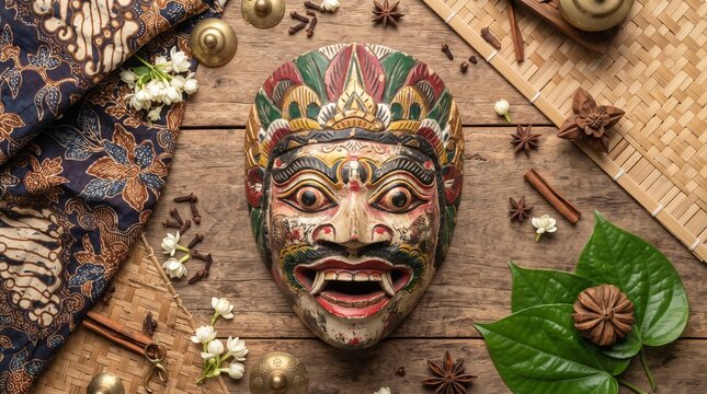 Traditional Indonesian Betawi Mask with Batik and Spices on Wooden Table