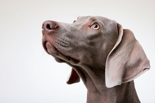 Close up side view of a grey Weimaraner dog with an alert expression