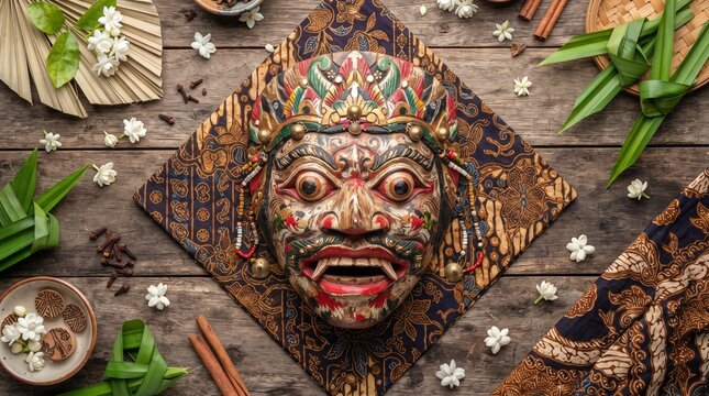 Traditional Indonesian Betawi Mask with Batik Cloth and Jasmine Flowers